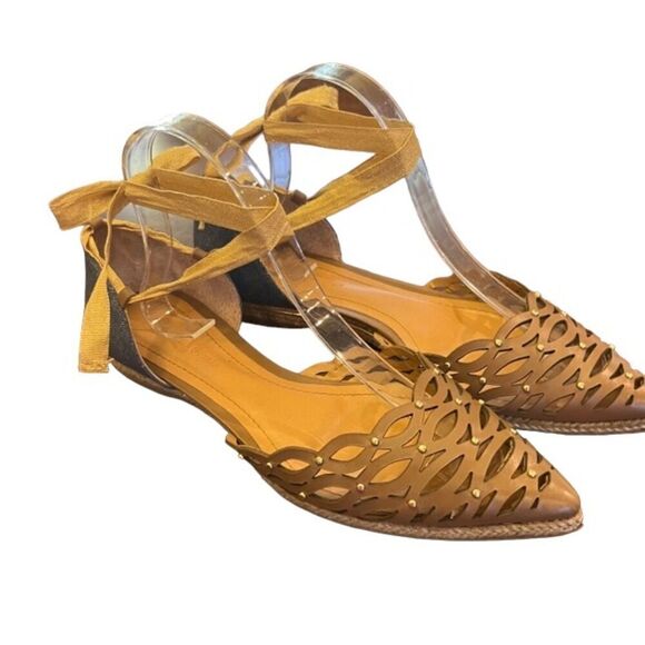 Gabriela Ephrem Leather Denim Flats Gold Lace Ankle Ribbon Size EU 37 (US 6.5) - Picture 3 of 10
